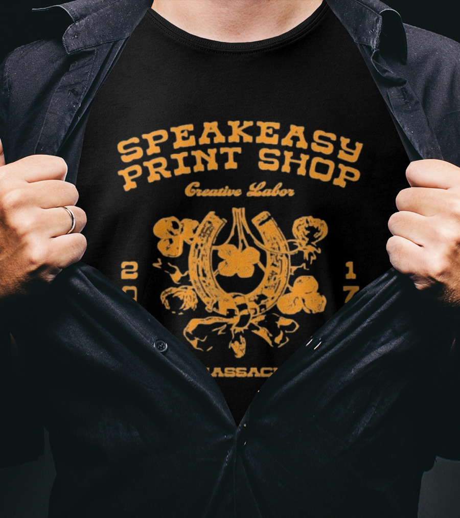 Speakeasy Print Shop Creative Labor Salem Massachusetts 2017 Horseshoe Floral T-Shirt
