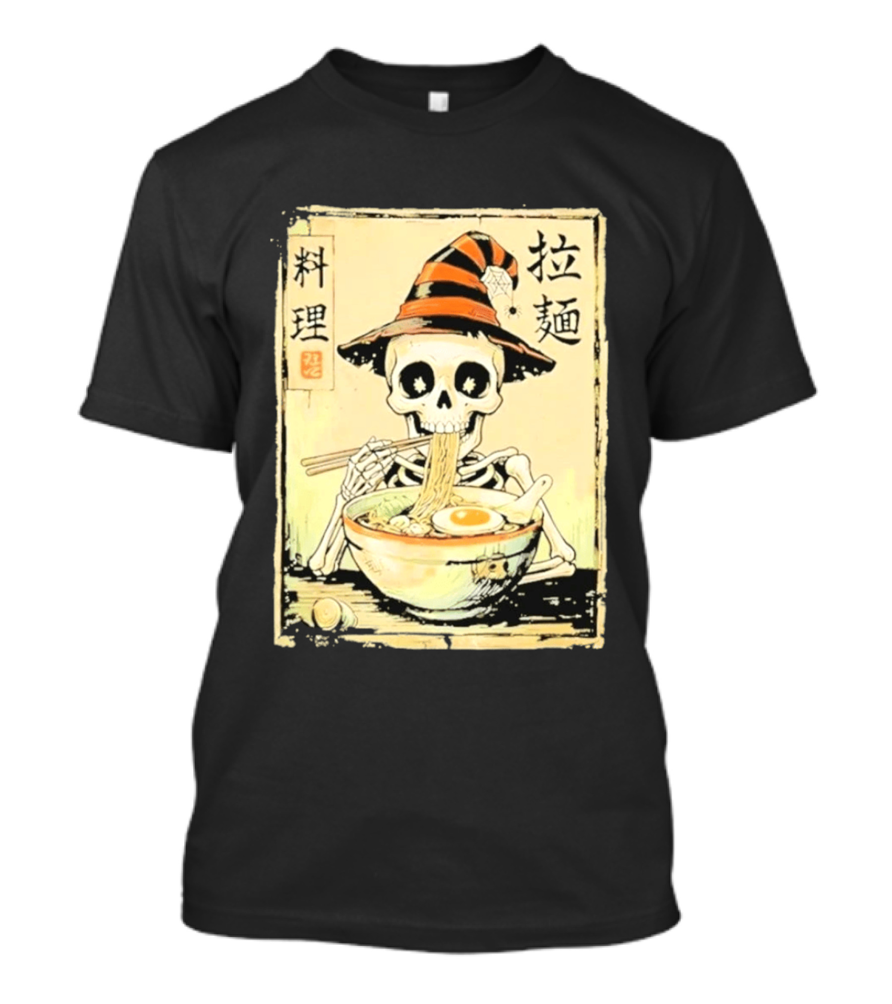 Witch Skeleton Eating Ramen With Japanese Kanji Characters T-Shirt
