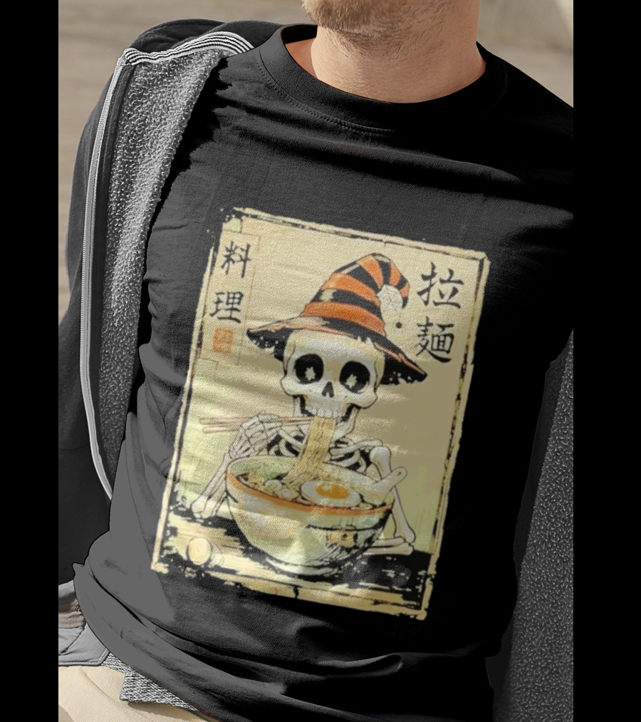 Witch Skeleton Eating Ramen With Japanese Kanji Characters T-Shirt