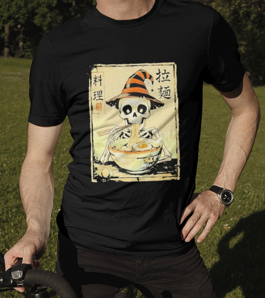 Witch Skeleton Eating Ramen With Japanese Kanji Characters T-Shirt