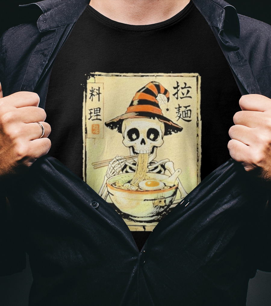Witch Skeleton Eating Ramen With Japanese Kanji Characters T-Shirt