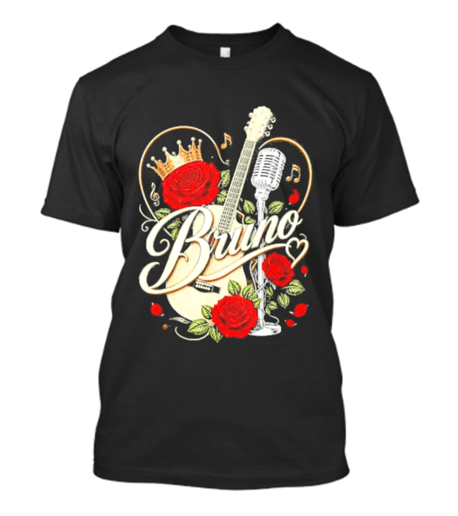 Bruno Rose Crown Guitar And Microphone With Music Notes T-Shirt