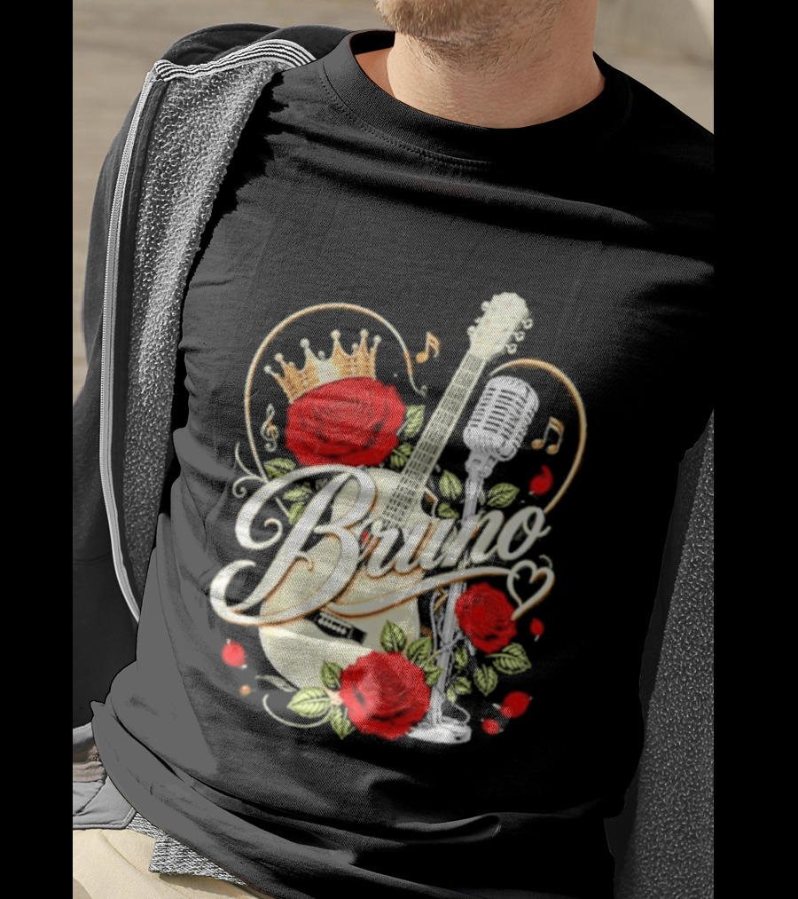 Bruno Rose Crown Guitar And Microphone With Music Notes T-Shirt