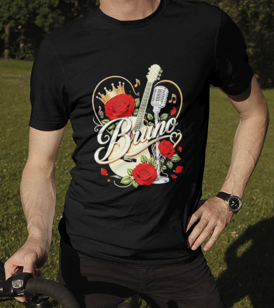 Bruno Rose Crown Guitar And Microphone With Music Notes T-Shirt
