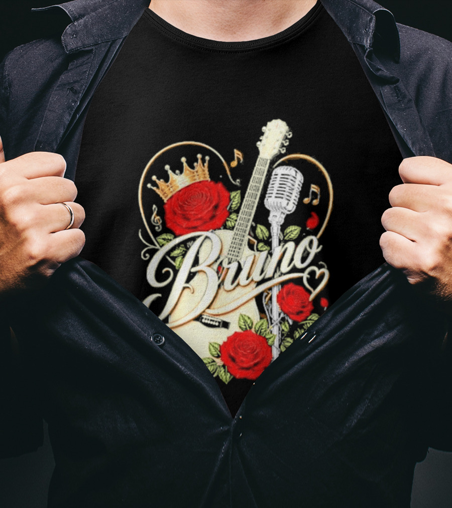 Bruno Rose Crown Guitar And Microphone With Music Notes T-Shirt