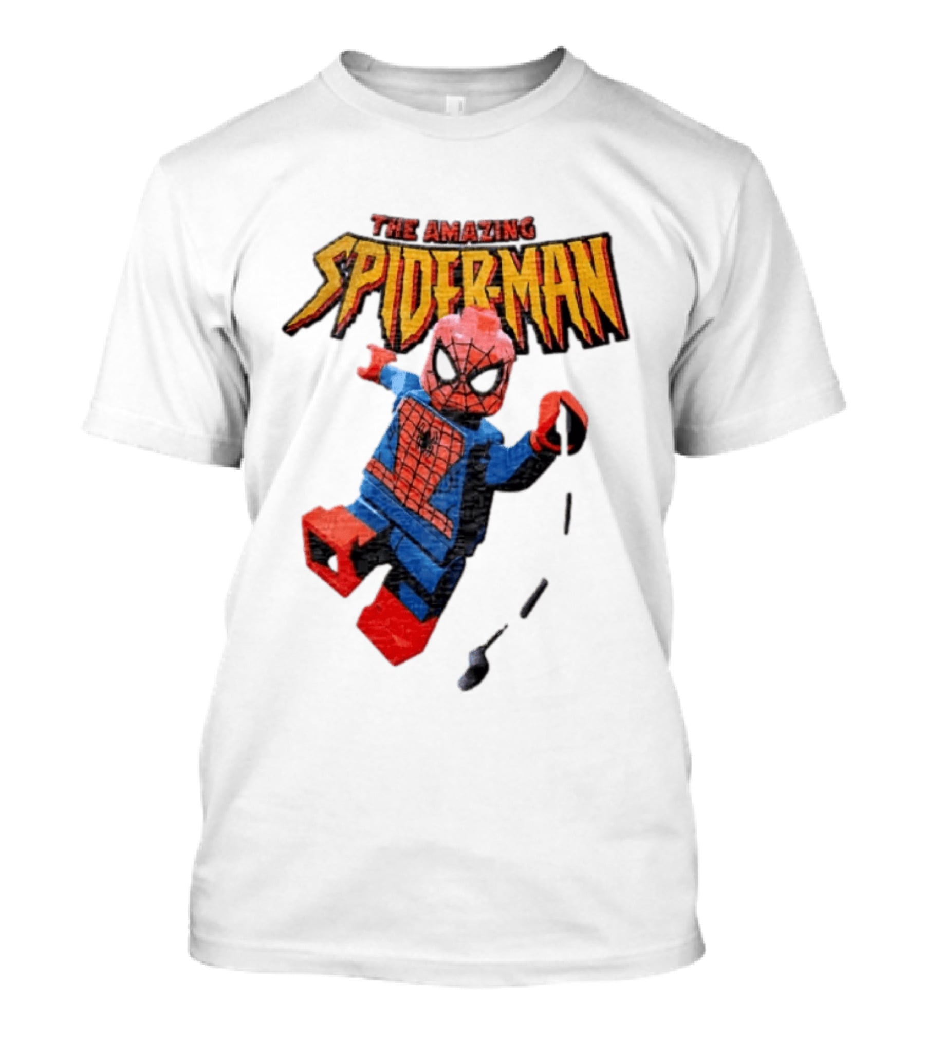 Spider Man The Amazing Lego Minifigure Swinging On Web Iconic Marvel Hero T-Shirt