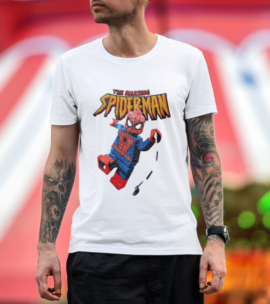 Spider Man The Amazing Lego Minifigure Swinging On Web Iconic Marvel Hero T-Shirt