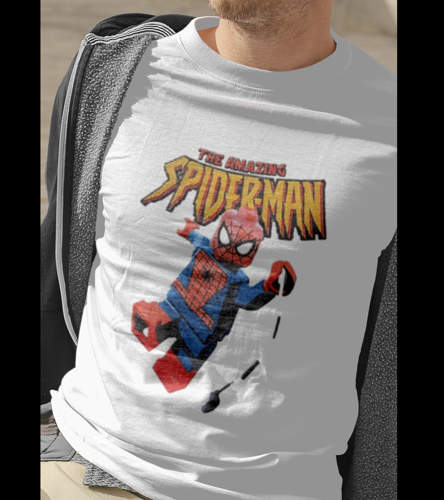 Spider Man The Amazing Lego Minifigure Swinging On Web Iconic Marvel Hero T-Shirt