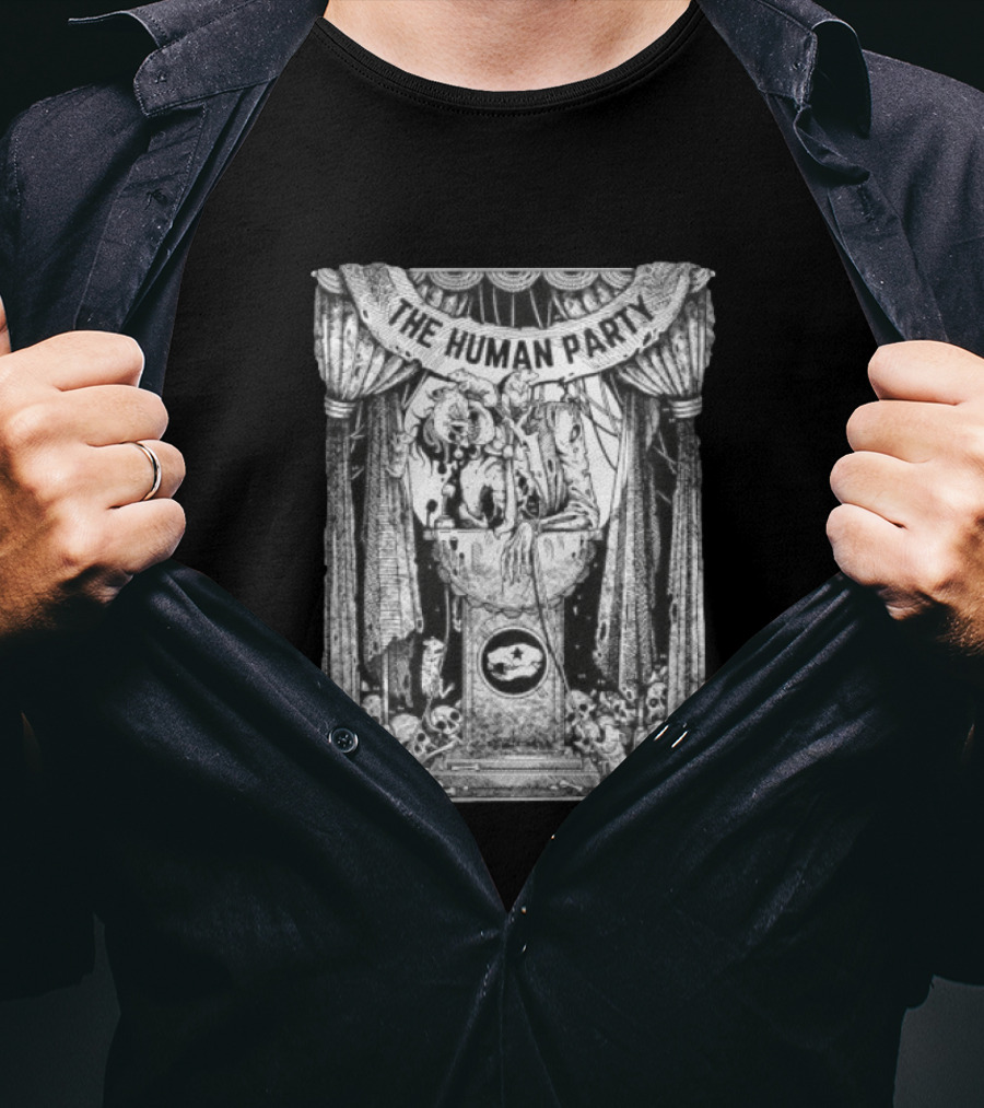 The Human Party Macabre Skeleton Dark Gothic Stage Curtain Scene T-Shirt