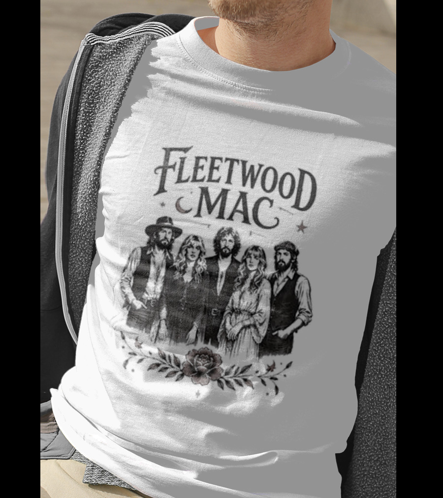 Fleetwood Mac Moonlit Harmony Silhouette With Crescent Moon And Floral Accents T-Shirt