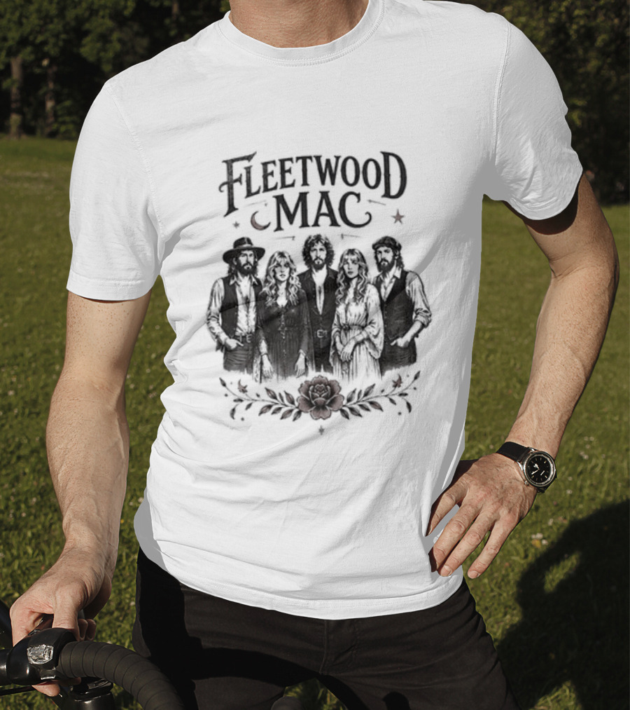 Fleetwood Mac Moonlit Harmony Silhouette With Crescent Moon And Floral Accents T-Shirt