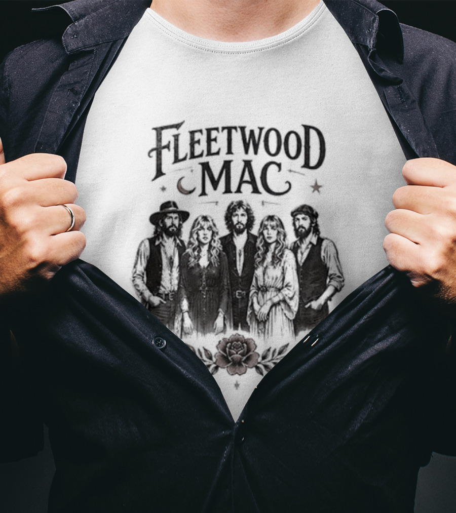 Fleetwood Mac Moonlit Harmony Silhouette With Crescent Moon And Floral Accents T-Shirt