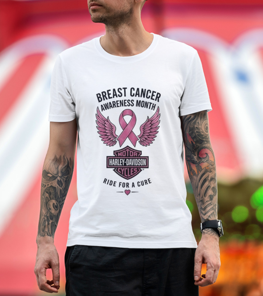 Breast Cancer Awareness Month Harley Davidson Motor Cycles Pink Ribbon Ride For A Cure T-Shirt