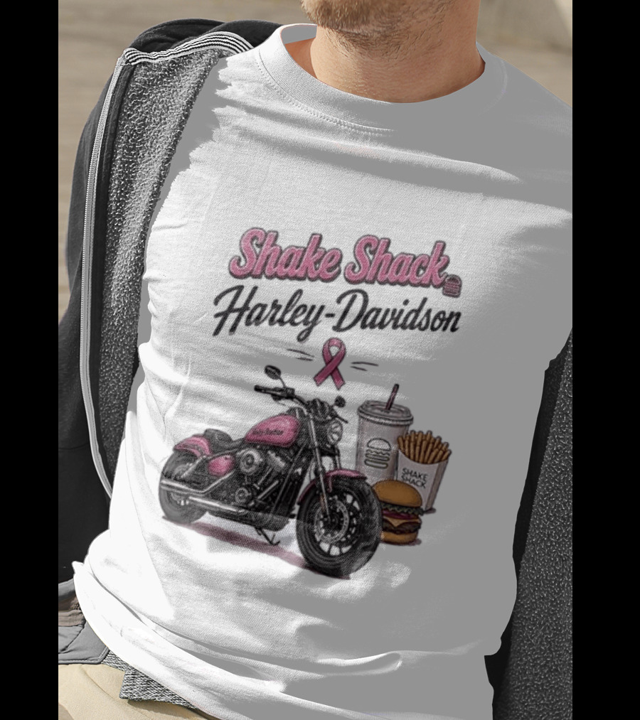 Shake Shack Harley Davidson Pink Ribbon Burger Fries Breast Cancer Awareness Month T-Shirt
