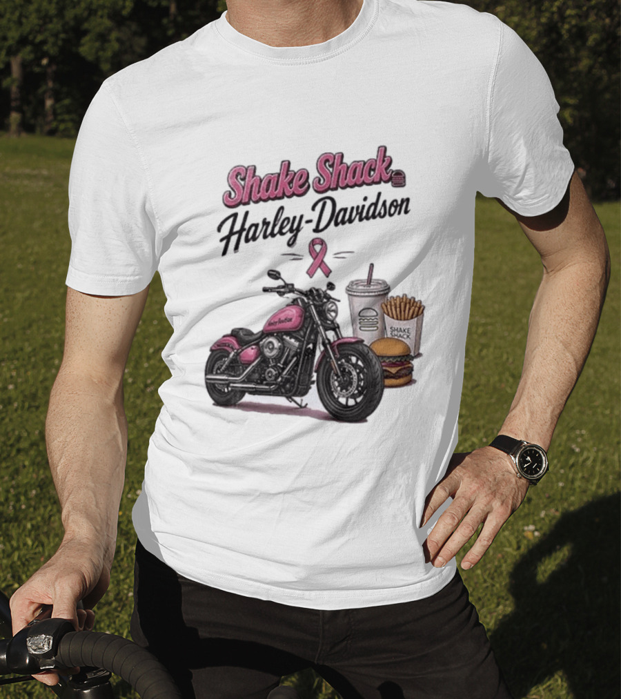 Shake Shack Harley Davidson Pink Ribbon Burger Fries Breast Cancer Awareness Month T-Shirt