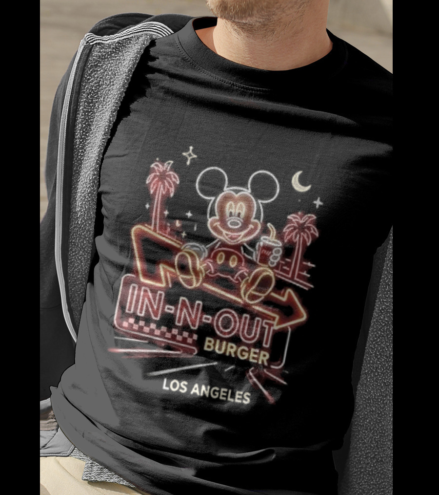 Mickey Mouse In N Out Burger Neon Los Angeles Palm Trees T-Shirt
