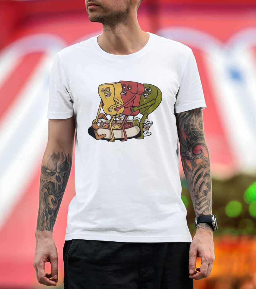 Hot Dog Topped With Mustard Ketchup And Relish Cartoon Characters T-Shirt