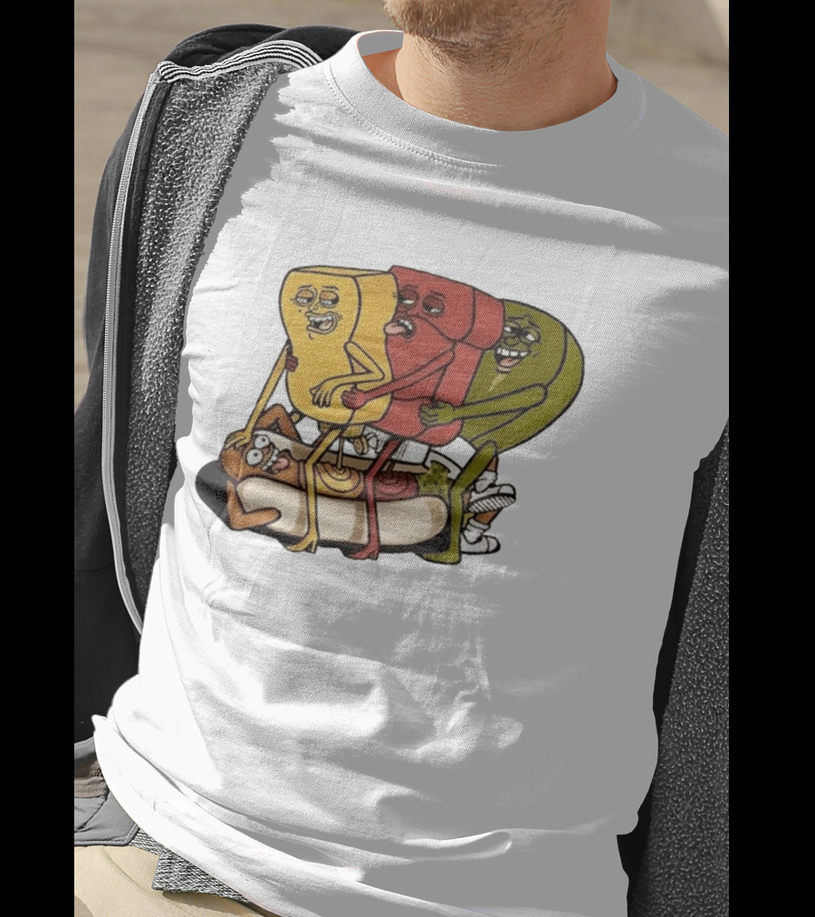 Hot Dog Topped With Mustard Ketchup And Relish Cartoon Characters T-Shirt