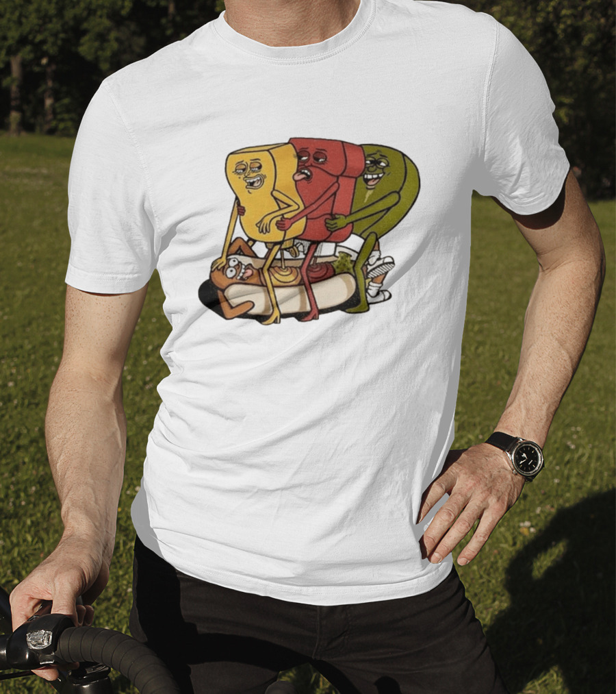 Hot Dog Topped With Mustard Ketchup And Relish Cartoon Characters T-Shirt