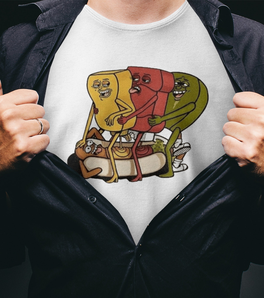Hot Dog Topped With Mustard Ketchup And Relish Cartoon Characters T-Shirt