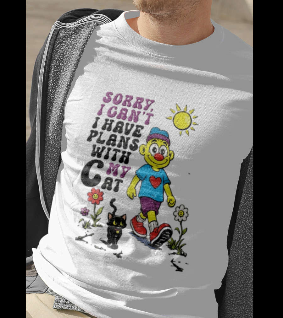 Sorry I Can't I Have Plans With My Cat Cartoon Yellow Figure Walking Sunflowers T-Shirt