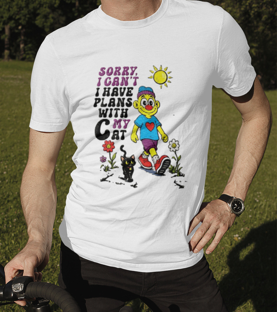 Sorry I Can't I Have Plans With My Cat Cartoon Yellow Figure Walking Sunflowers T-Shirt