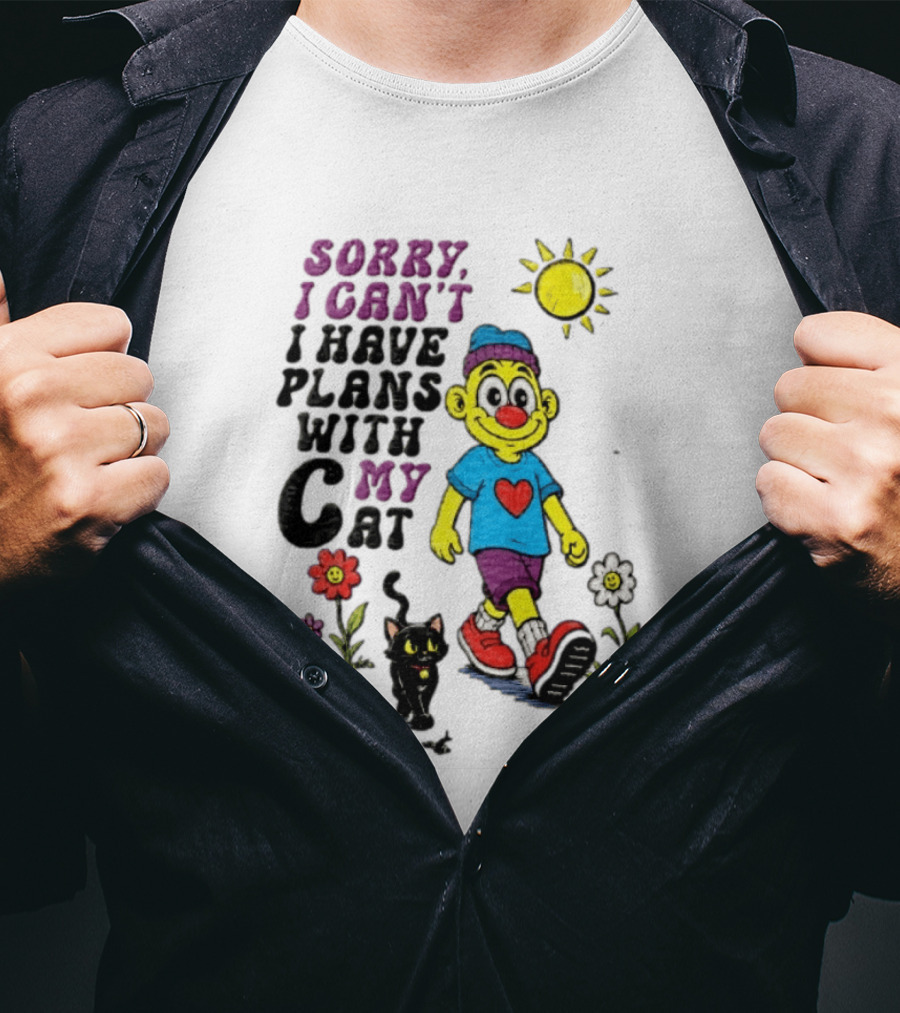 Sorry I Can't I Have Plans With My Cat Cartoon Yellow Figure Walking Sunflowers T-Shirt