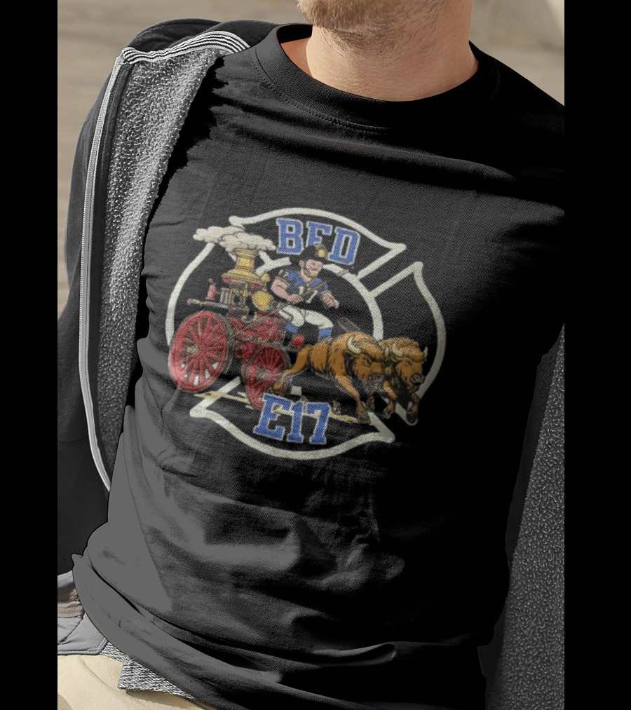 Josh Allen BFD E17 Firefighter Cartoon Driving Bison Engine 17 T-Shirt