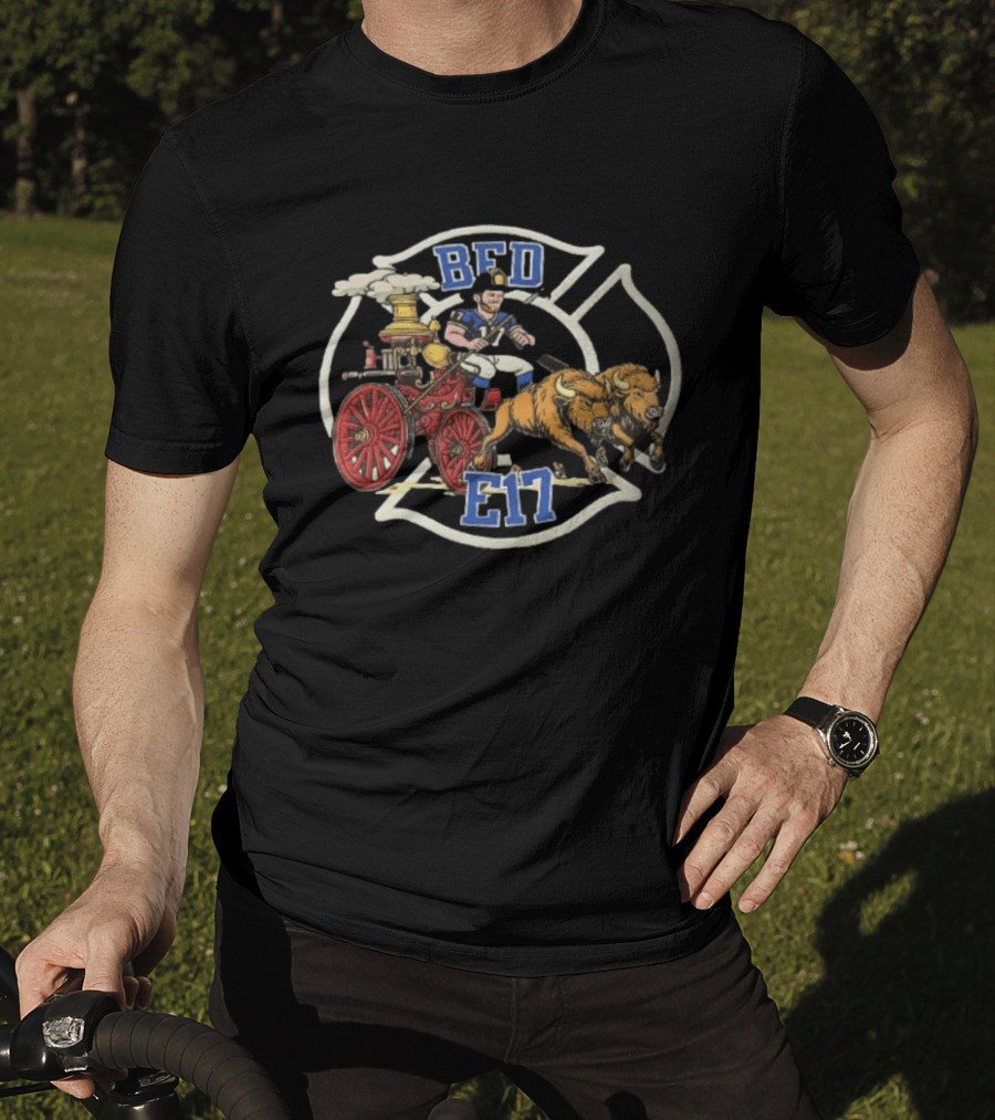 Josh Allen BFD E17 Firefighter Cartoon Driving Bison Engine 17 T-Shirt