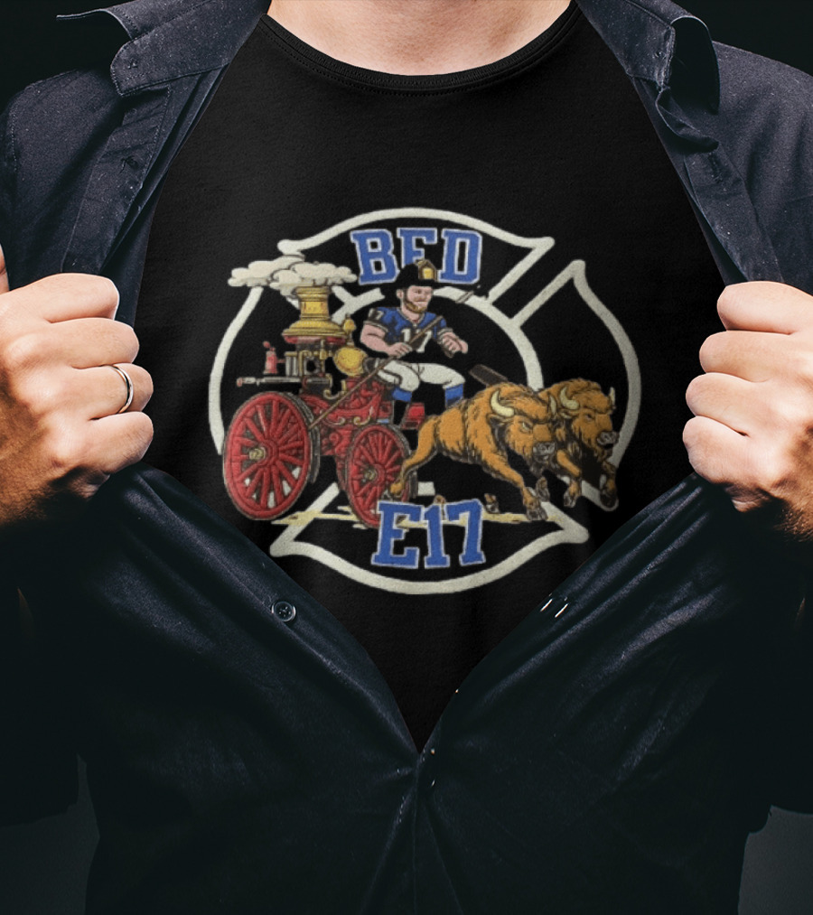 Josh Allen BFD E17 Firefighter Cartoon Driving Bison Engine 17 T-Shirt