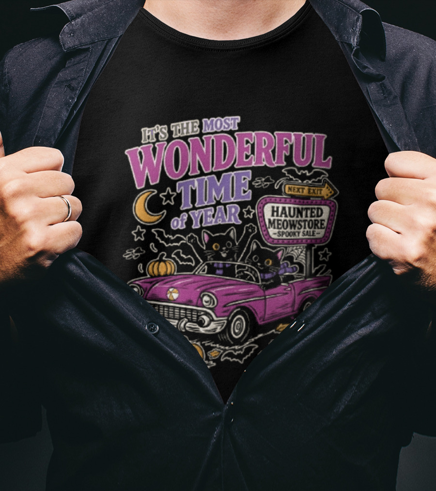 The Most Wonderful Time Of Year Halloween Cat And Pumpkins Retro Car T-Shirt