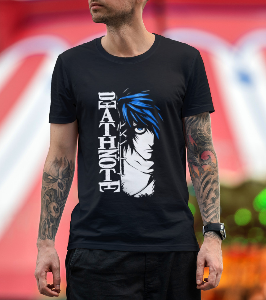 L From Death Note Distressed Anime Blue Hair White T-Shirt