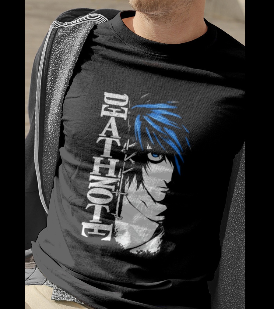 L From Death Note Distressed Anime Blue Hair White T-Shirt