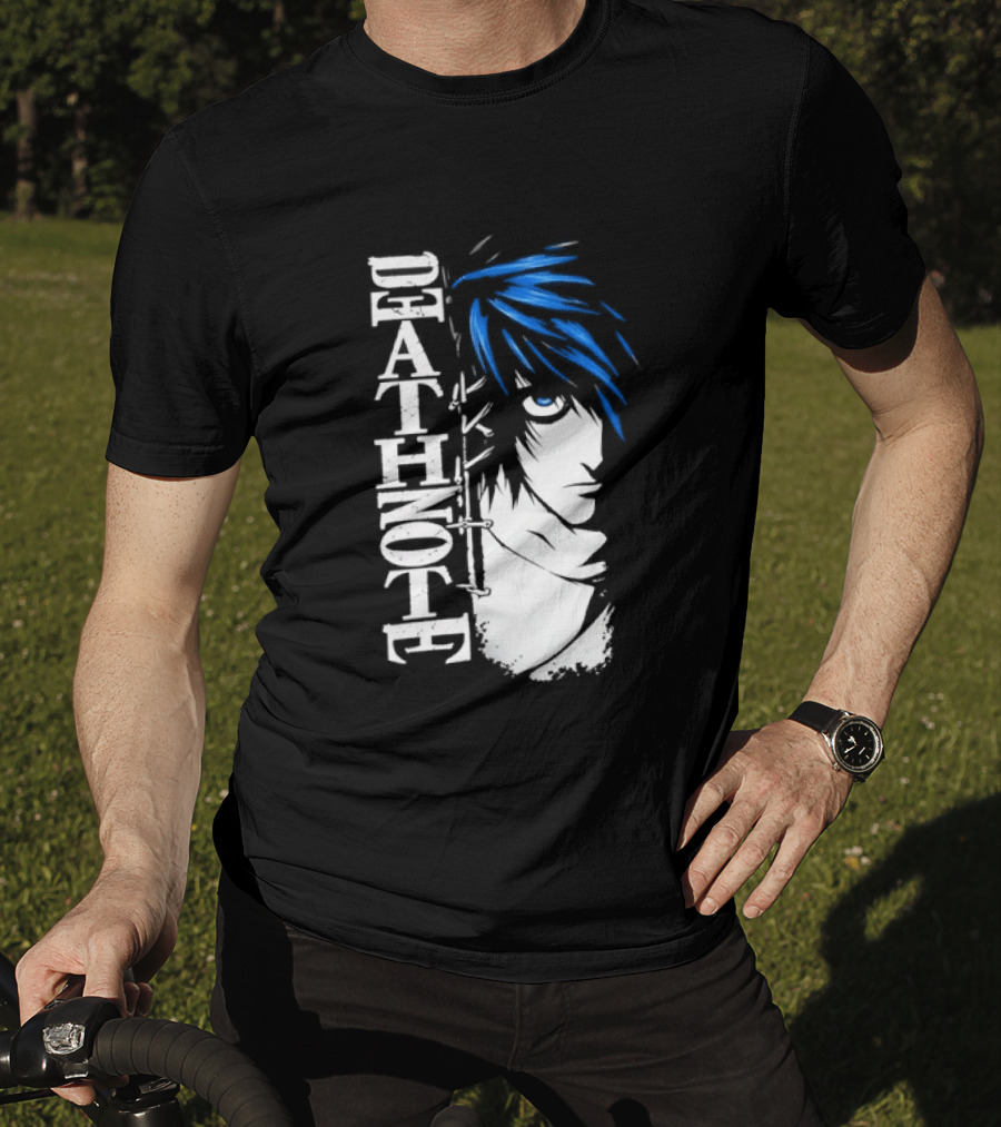 L From Death Note Distressed Anime Blue Hair White T-Shirt