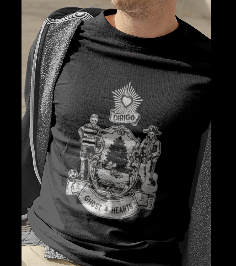 Dirigo Ghost Hearts Maine Crest With Skeleton Soccer And Guitar Players T-Shirt