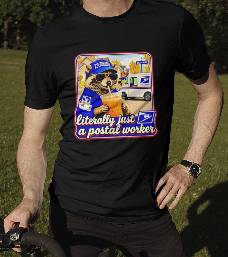 Literally Just A Postal Worker Raccoon With USA Postal Service Mail Truck Delivery Scene T-Shirt