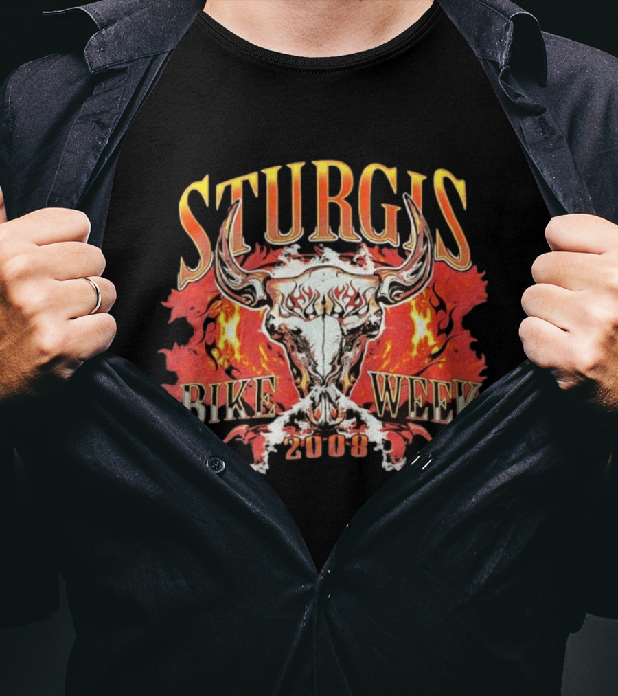 Sturgis Bike Week 2008 Flaming Bull Skull T-Shirt