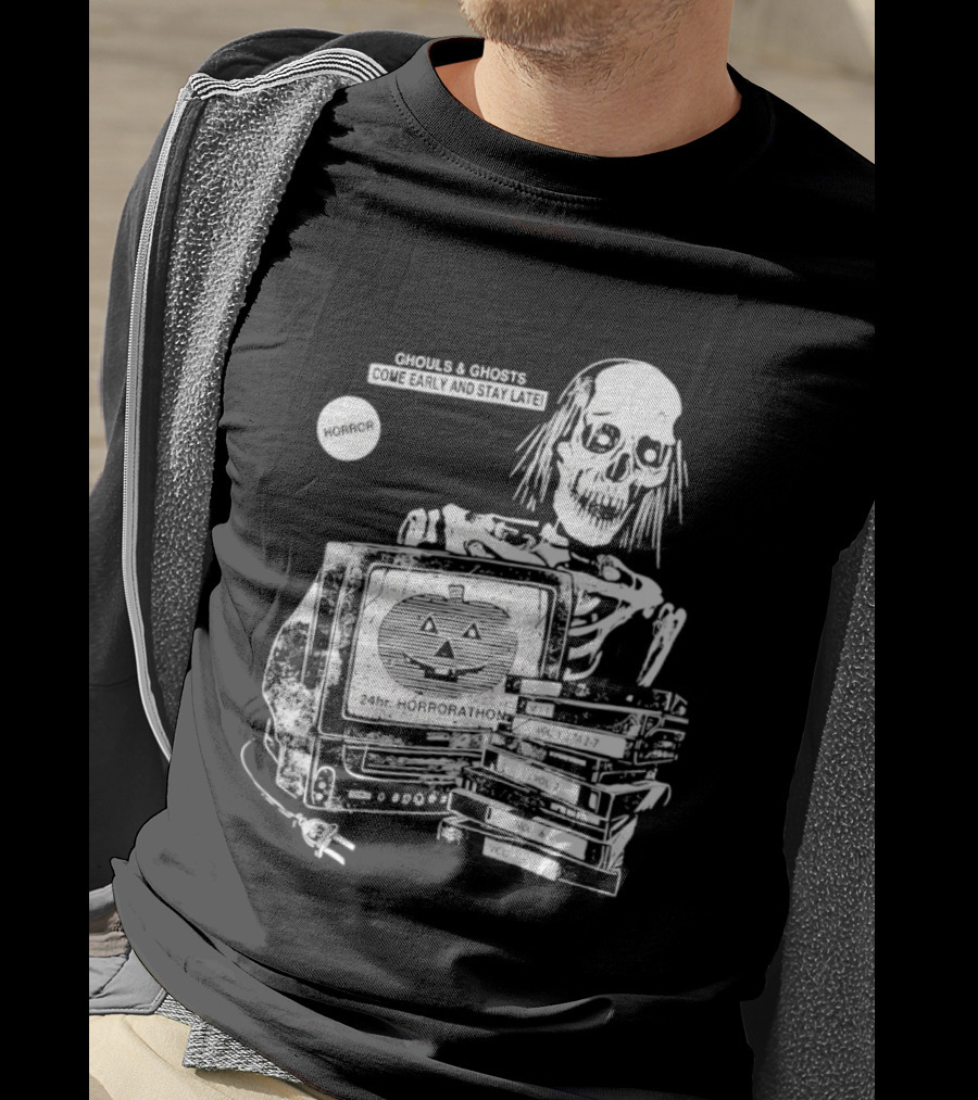Ghouls And Ghosts 24hr Horrorathon Skeleton With TV And Pumpkin T-Shirt
