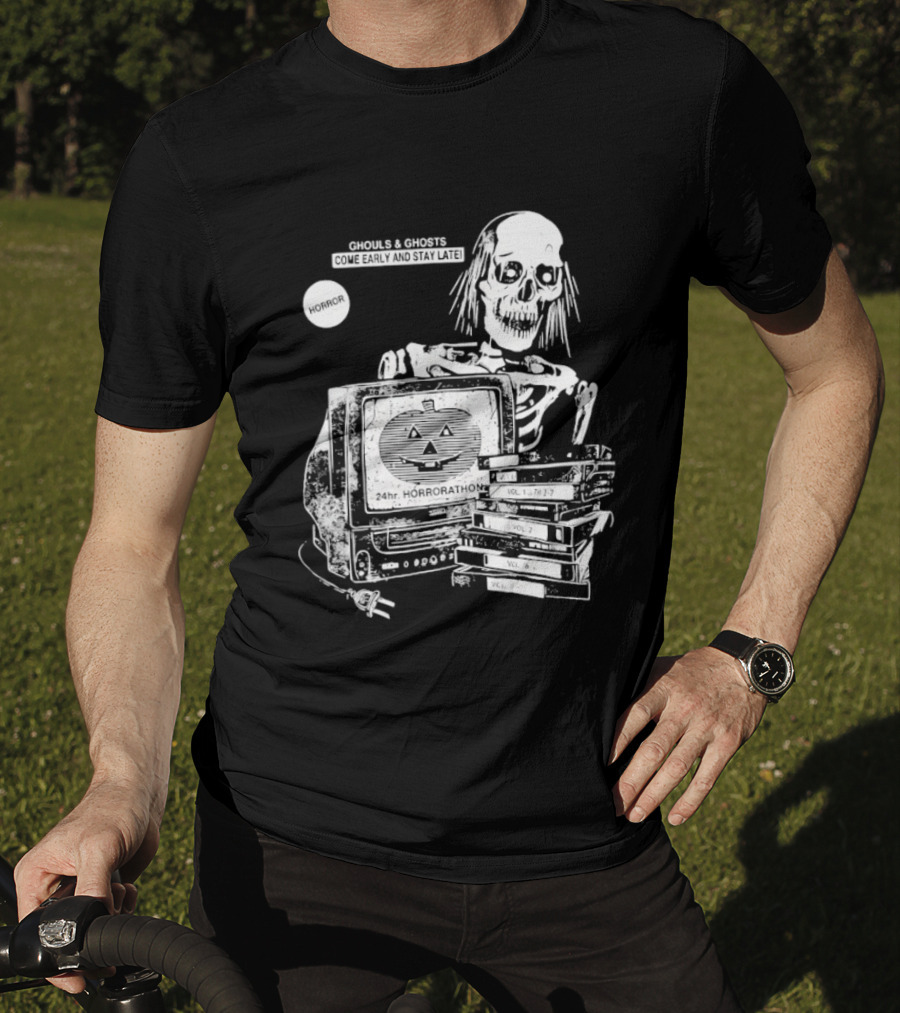 Ghouls And Ghosts 24hr Horrorathon Skeleton With TV And Pumpkin T-Shirt