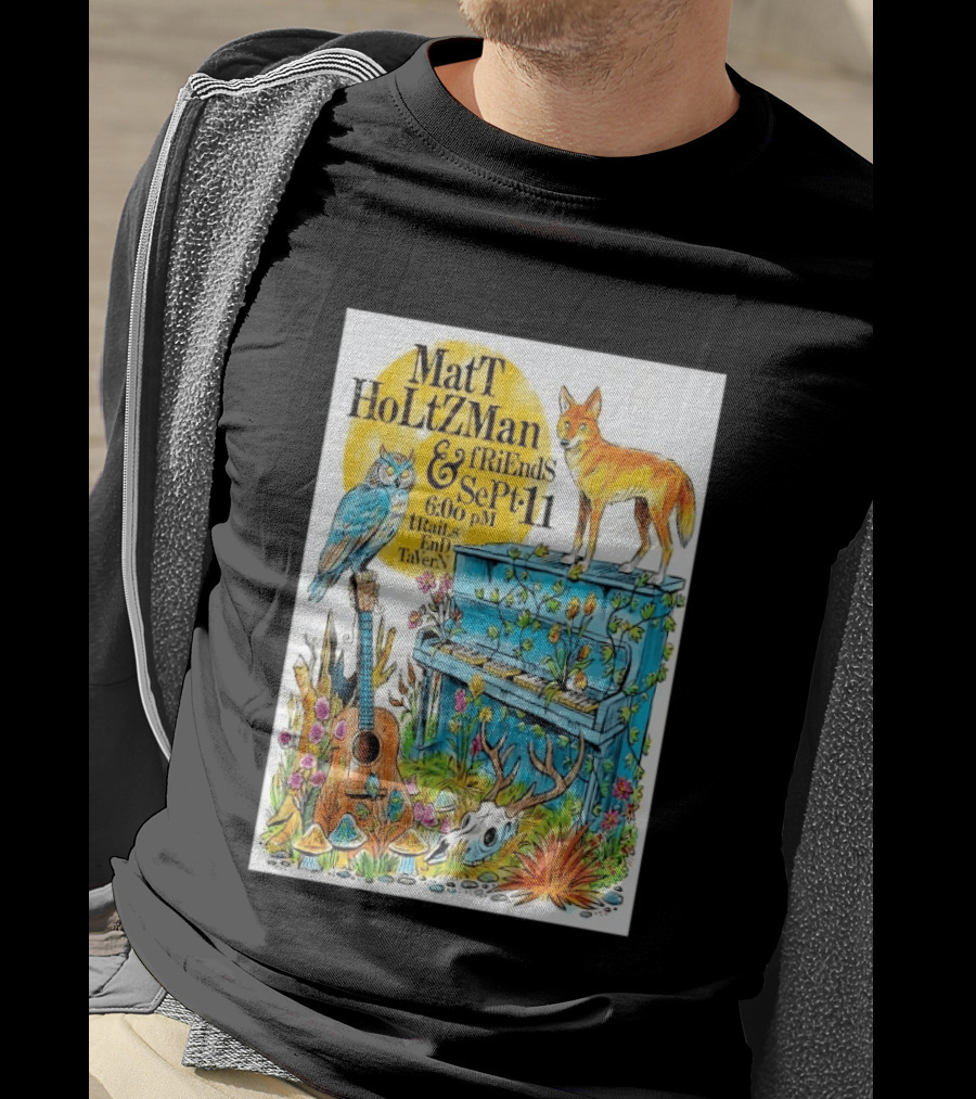 Matt Holtzman And Friends Live Music Event At Trails End Tavern September 11 Featuring Fox And Owl With Guitar And Piano Illustrations T-Shirt