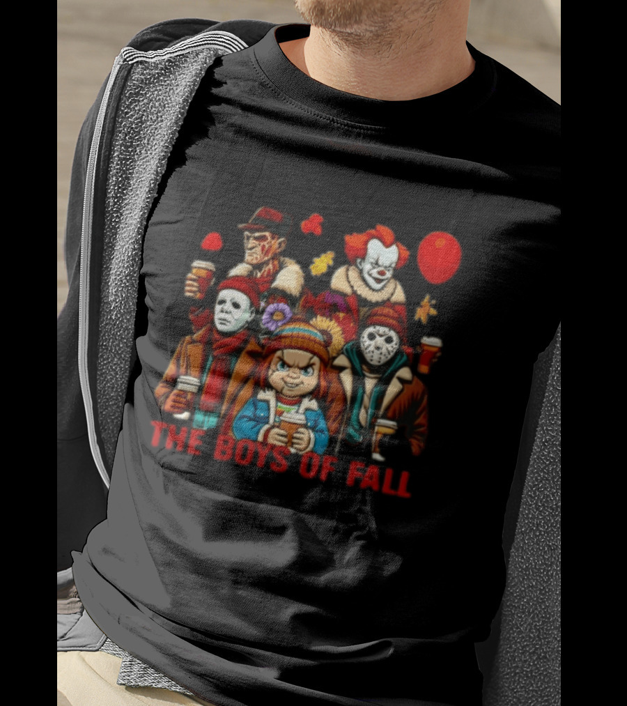 The Boys Of Fall Horror Movie Villains Holding Coffee Autumn Leaves Cartoon Balloons T-Shirt