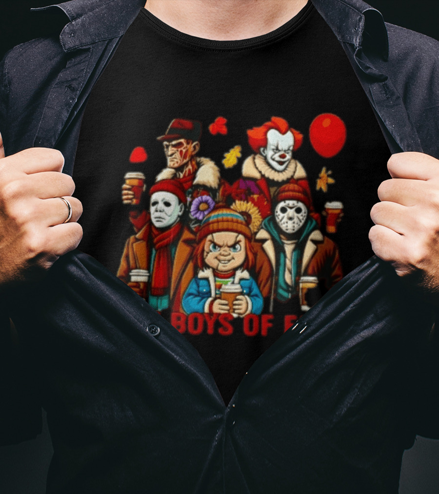 The Boys Of Fall Horror Movie Villains Holding Coffee Autumn Leaves Cartoon Balloons T-Shirt