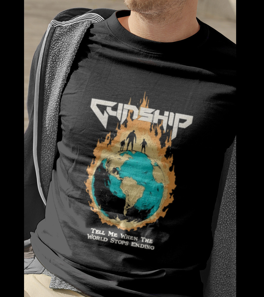 Gunship Tell Me When The World Stops Ending Flaming Earth T-Shirt