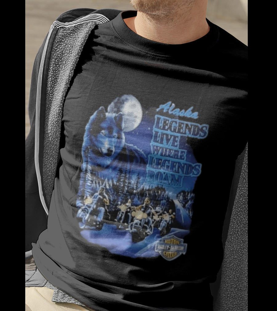 Alaska Legends Live Where Legends Roam Wolf Moon Motorcycles Forest Road T-Shirt