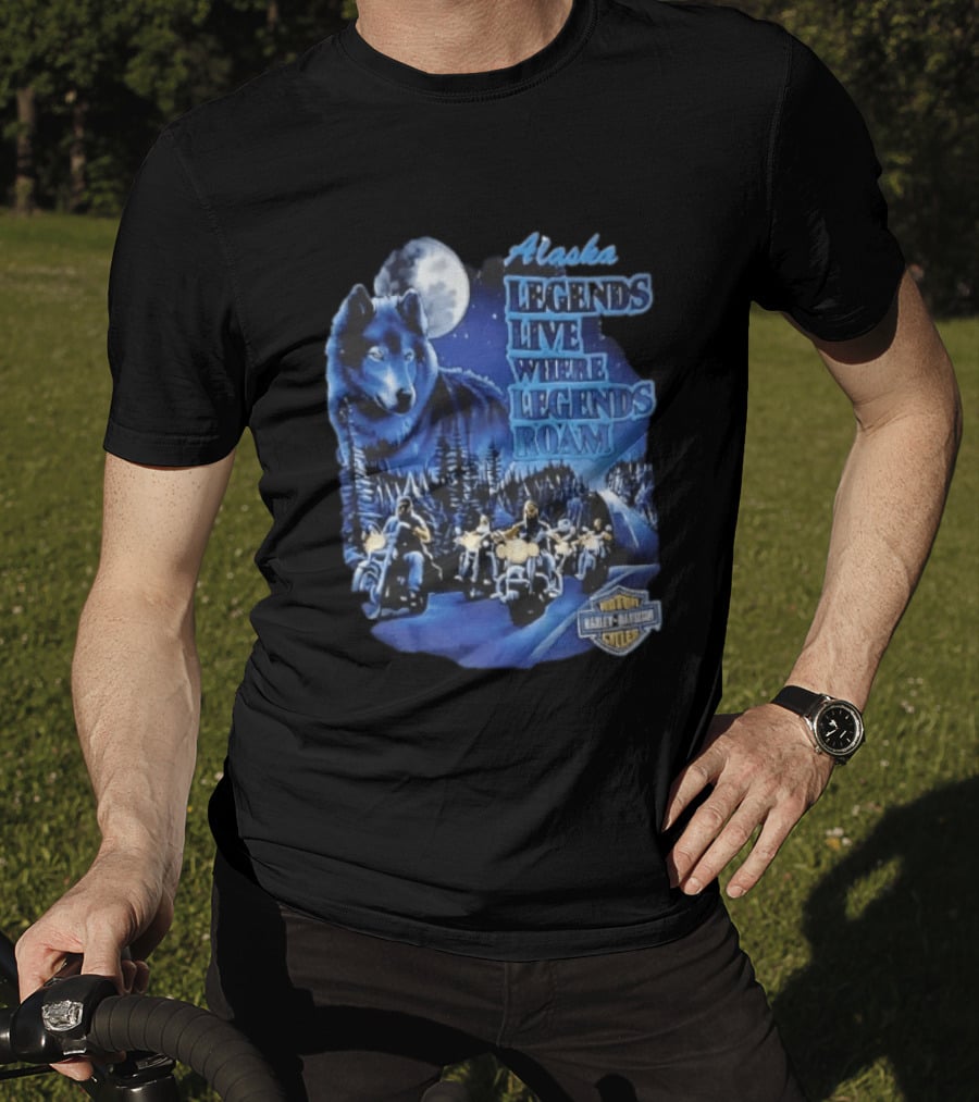 Alaska Legends Live Where Legends Roam Wolf Moon Motorcycles Forest Road T-Shirt