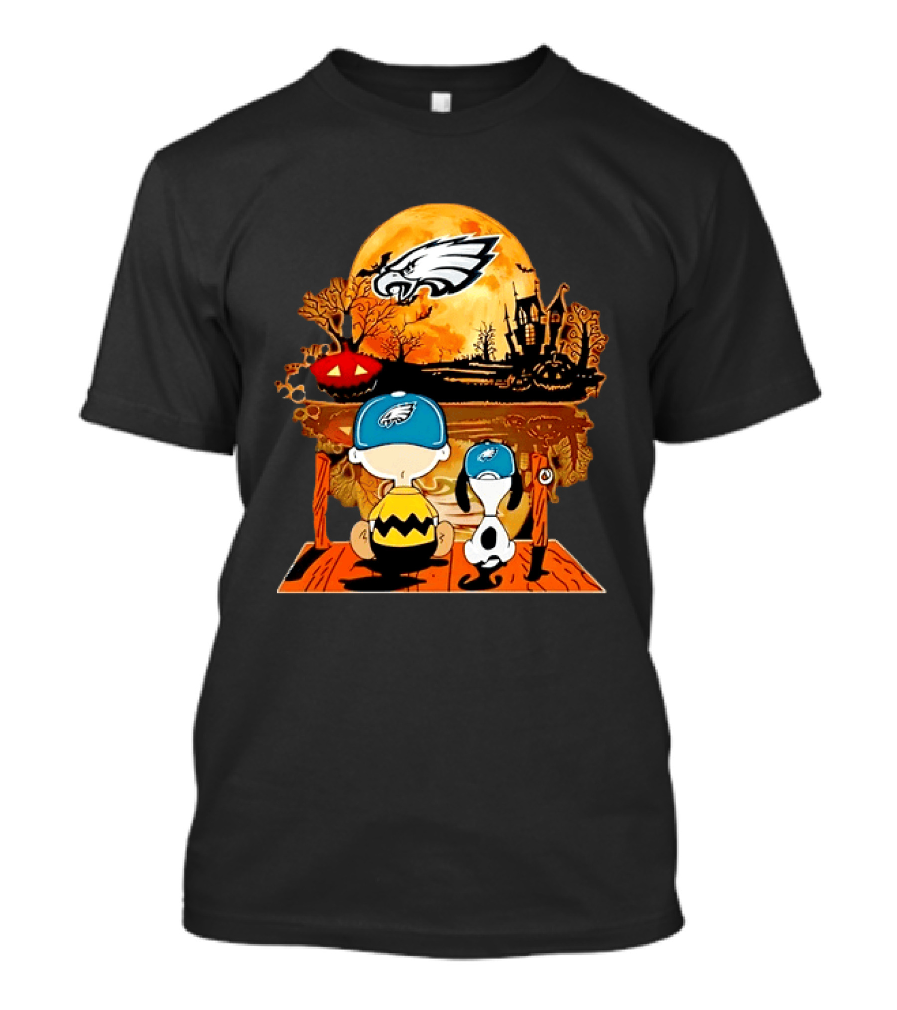 Philadelphia Eagles Halloween Charlie Brown And Snoopy Sitting With Pumpkin And Haunted House T-Shirt