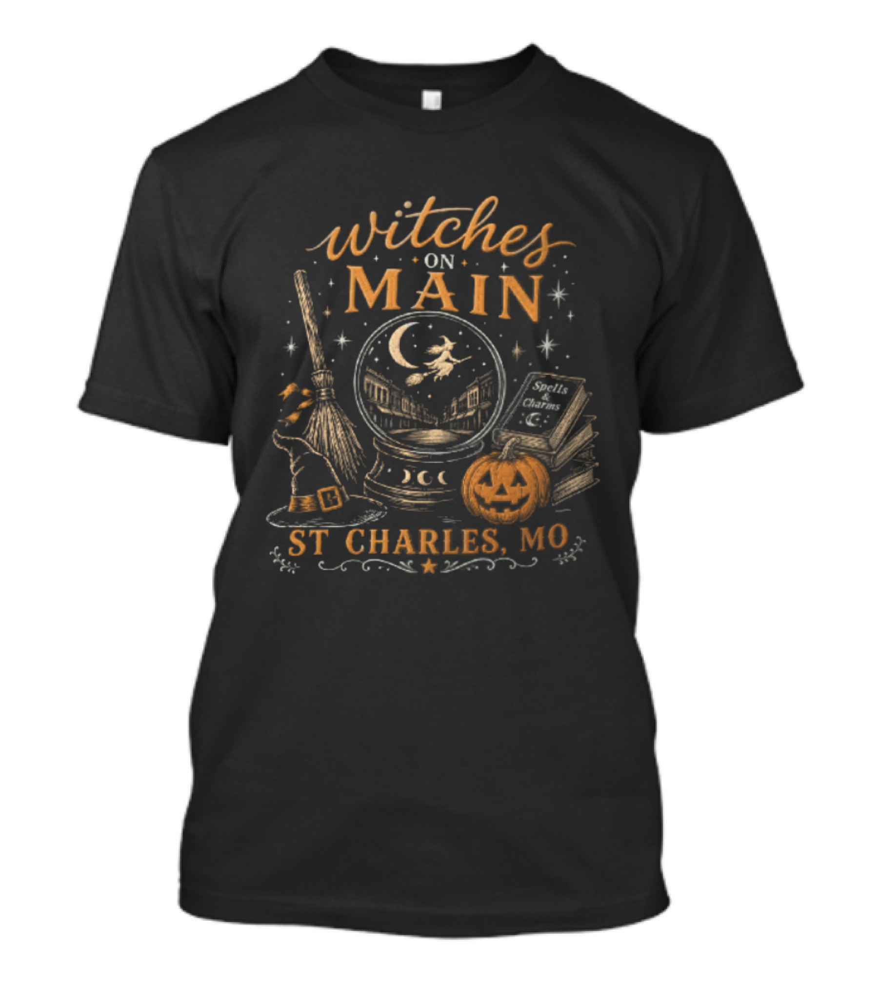 Witches On Main St Charles MO Halloween Broomstick Crystal Ball Pumpkin T-Shirt