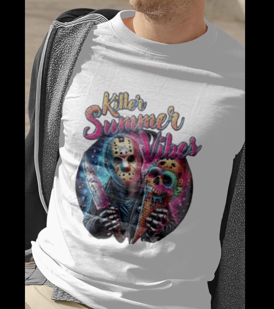 Killer Summer Vibes Hockey Mask Slasher Knife Skull Ice Cream Cone Cosmic T-Shirt