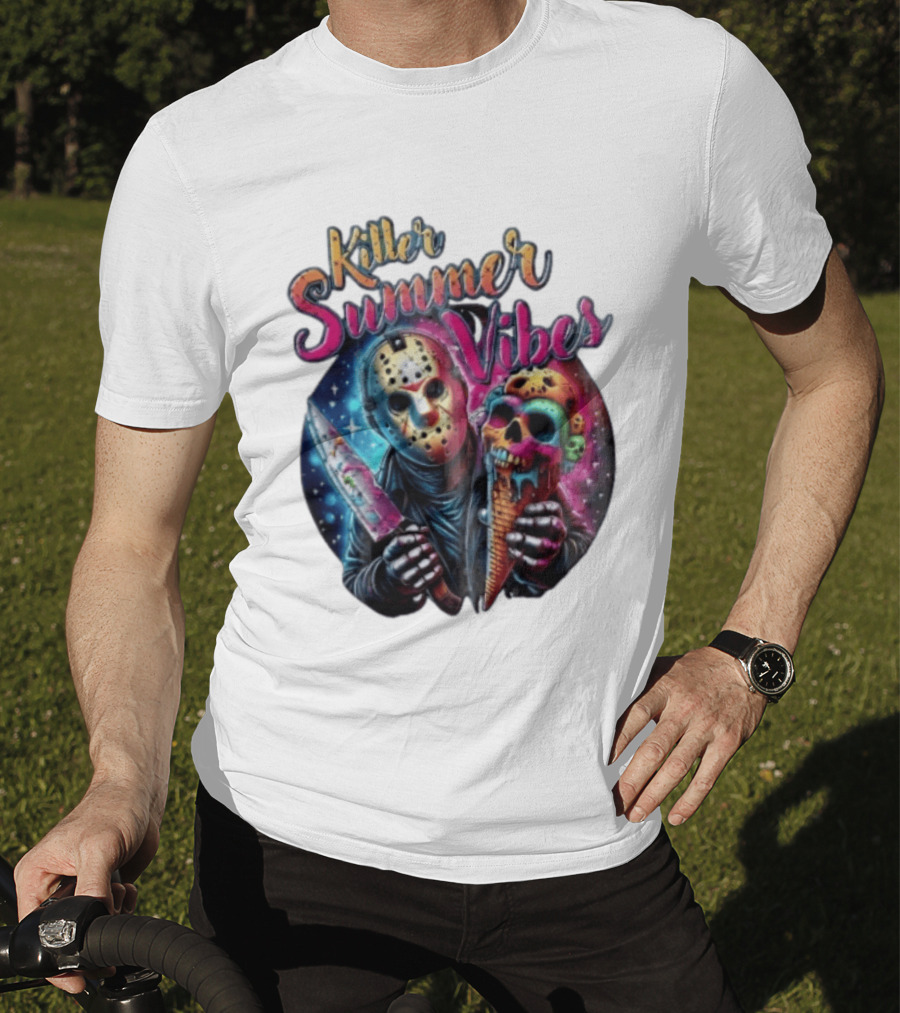 Killer Summer Vibes Hockey Mask Slasher Knife Skull Ice Cream Cone Cosmic T-Shirt