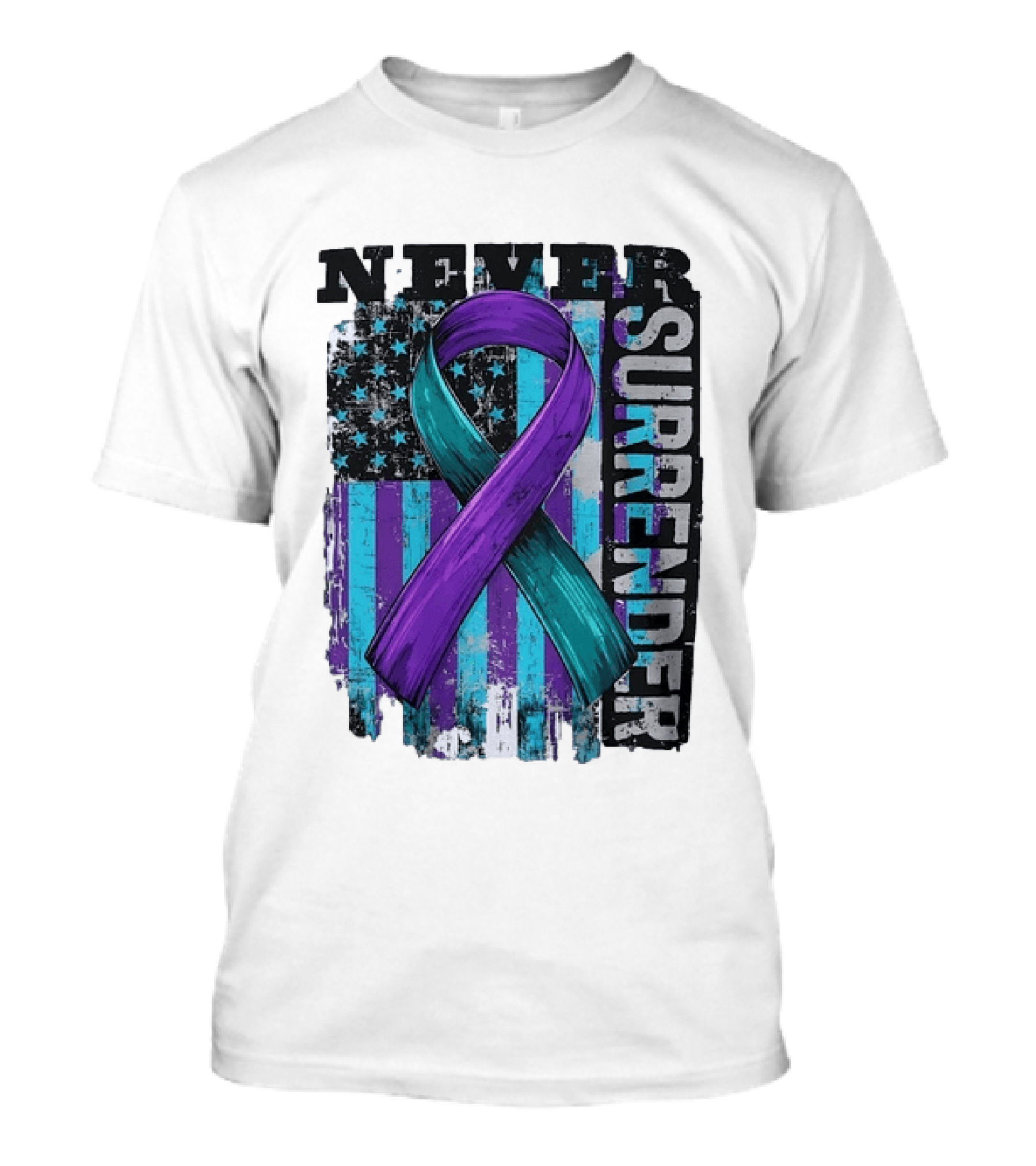 Never Surrender Teal And Purple Awareness Ribbon Distressed Flag T-Shirt